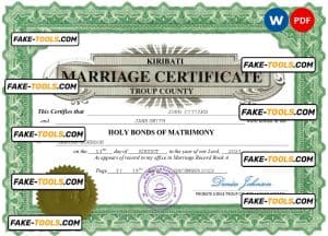Kiribati marriage certificate Word and PDF template, fully editable
