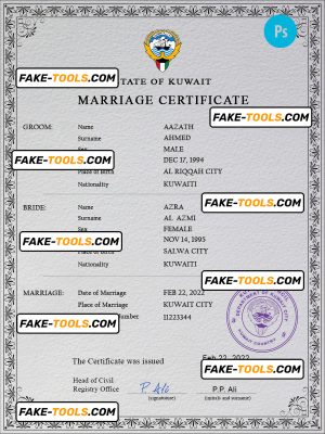 Kuwait marriage certificate PSD template, completely editable