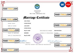 Kyrgyzstan marriage certificate Word and PDF template, fully editable