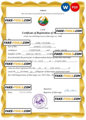 Laos marriage certificate Word and PDF template, completely editable