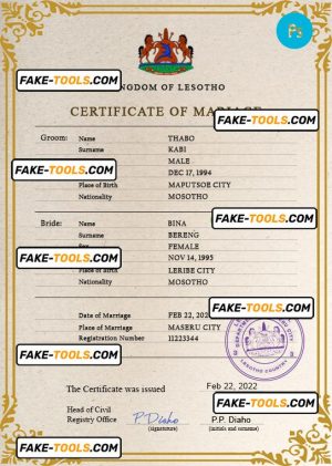 Lesotho marriage certificate PSD template, fully editable