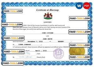 Lesotho marriage certificate Word and PDF template, fully editable