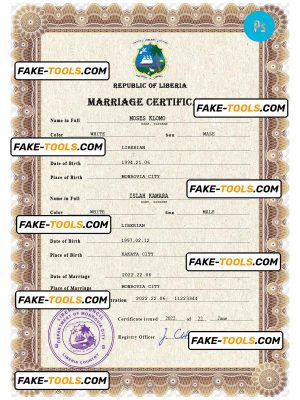 Liberia marriage certificate PSD template, completely editable
