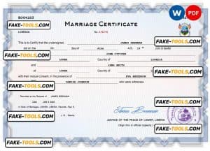 Liberia marriage certificate Word and PDF template, completely editable