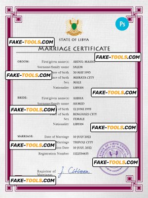 Libya marriage certificate PSD template, fully editable