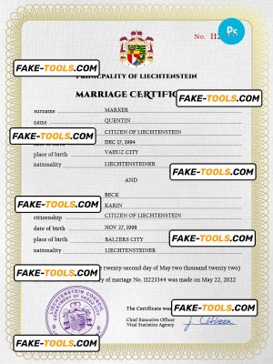 Liechtenstein marriage certificate PSD template, completely editable