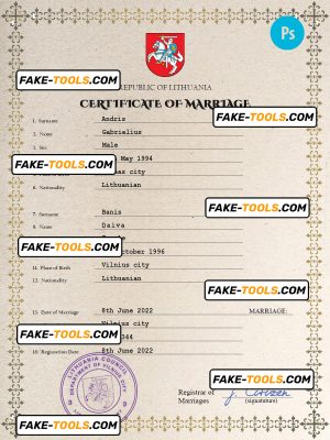 Lithuania marriage certificate PSD template, fully editable