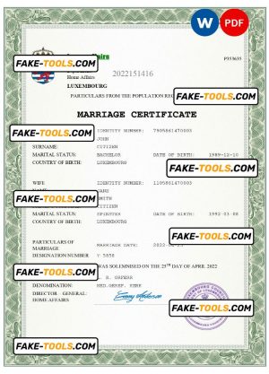 Luxembourg marriage certificate Word and PDF template, completely editable