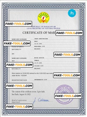 Madagascar marriage certificate PSD template, completely editable