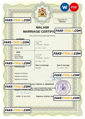Malawi marriage certificate Word and PDF template, completely editable