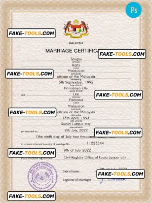 Malaysia marriage certificate PSD template, completely editable