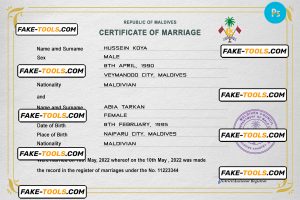 Maldives marriage certificate PSD template, fully editable