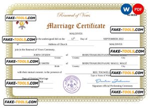 Maldives marriage certificate Word and PDF template, completely editable