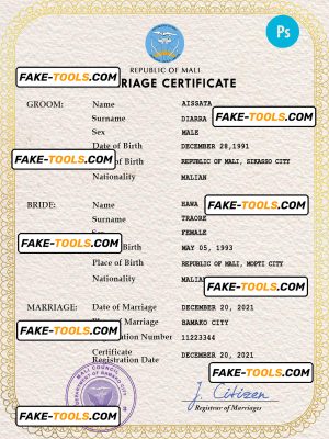 Mali marriage certificate PSD template, completely editable