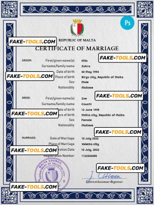 Malta marriage certificate PSD template, fully editable