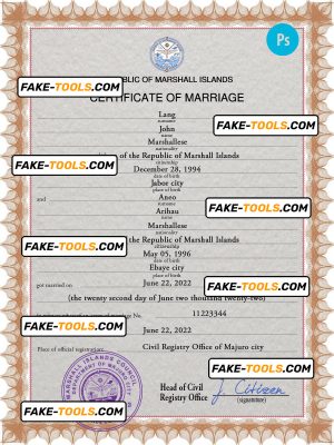 Marshall Islands marriage certificate PSD template, completely editable
