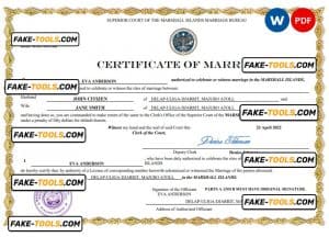 Marshall Islands marriage certificate Word and PDF template, fully editable