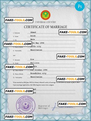 Mauritania marriage certificate PSD template, fully editable