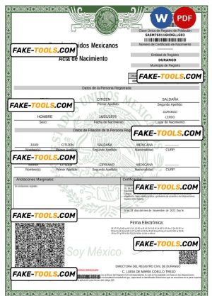 Mexico birth certificate Word and PDF template, version 2