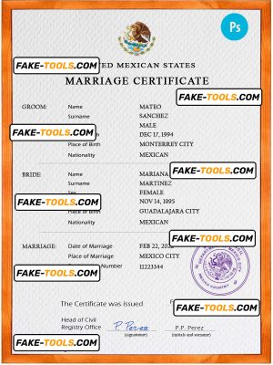Mexico marriage certificate PSD template, fully editable
