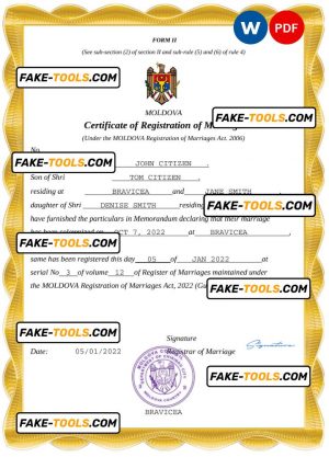 Moldova marriage certificate Word and PDF template, completely editable
