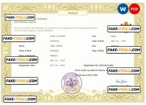 Monaco marriage certificate Word and PDF template, fully editable