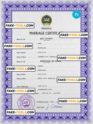 Mongolia marriage certificate PSD template, fully editable