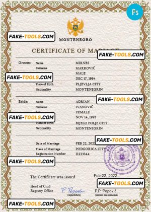 Montenegro marriage certificate PSD template, completely editable