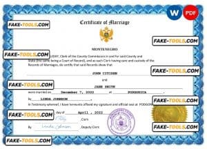 Montenegro marriage certificate Word and PDF template, fully editable