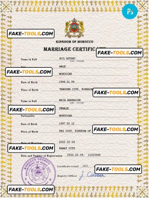 Morocco marriage certificate PSD template, fully editable