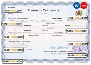 Morocco marriage certificate Word and PDF template, completely editable