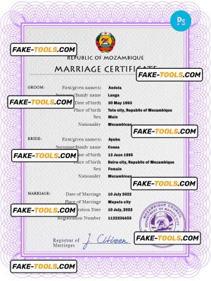 Mozambique marriage certificate PSD template, completely editable