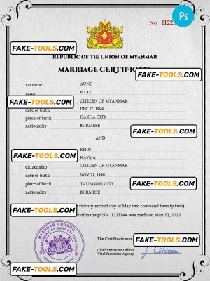 Myanmar marriage certificate PSD template, fully editable