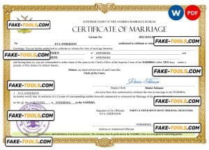 Namibia marriage certificate Word and PDF template, fully editable
