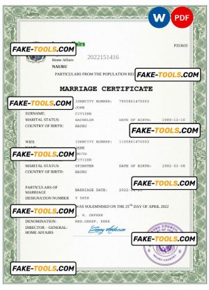 Nauru marriage certificate Word and PDF template, completely editable