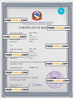 Nepal marriage certificate PSD template, completely editable