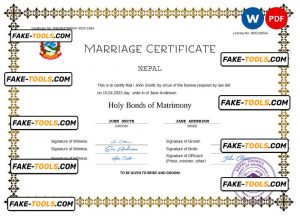 Nepal marriage certificate Word and PDF template, fully editable