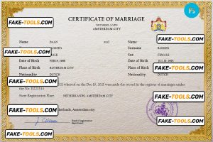 Netherlands marriage certificate PSD template, fully editable