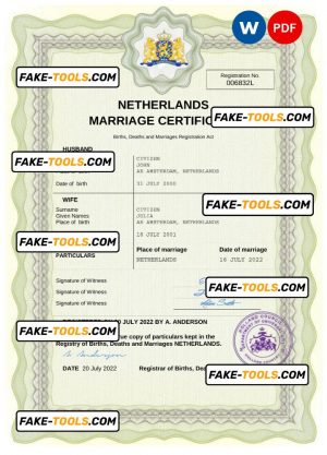 Netherlands marriage certificate Word and PDF template, fully editable