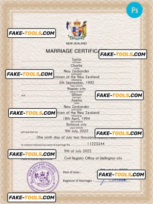 New Zealand marriage certificate PSD template, completely editable
