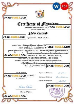 New Zealand marriage certificate Word and PDF template, completely editable