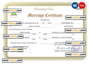 Nicaragua marriage certificate Word and PDF template, fully editable