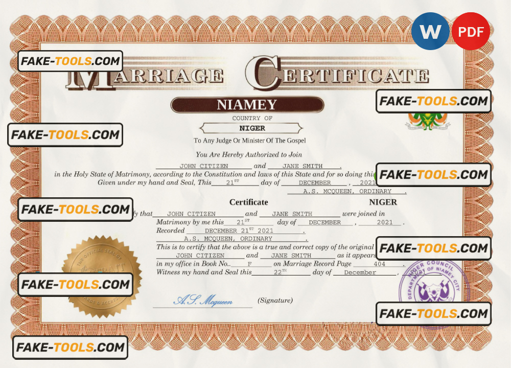 Niger marriage certificate Word and PDF template, completely editable scan effect
