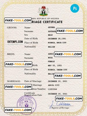 Nigeria marriage certificate PSD template, fully editable