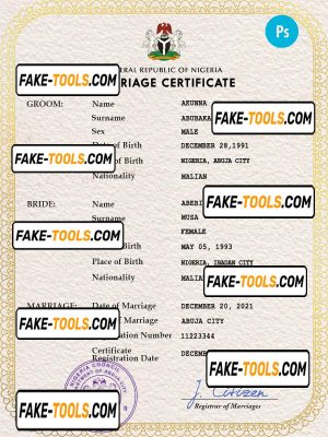 Nigeria marriage certificate PSD template, fully editable