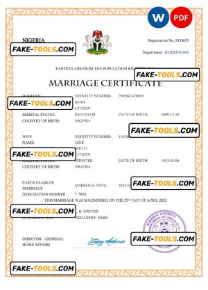Nigeria marriage certificate Word and PDF template, completely editable