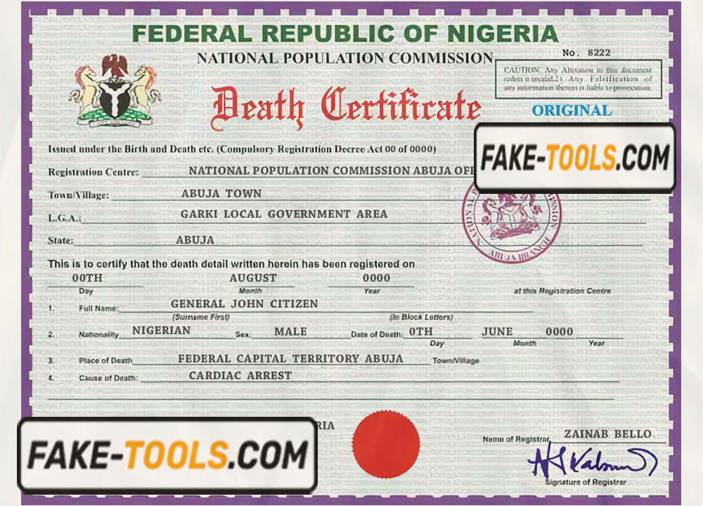 Nigeria vital record death certificate PSD template, version 2 scan effect
