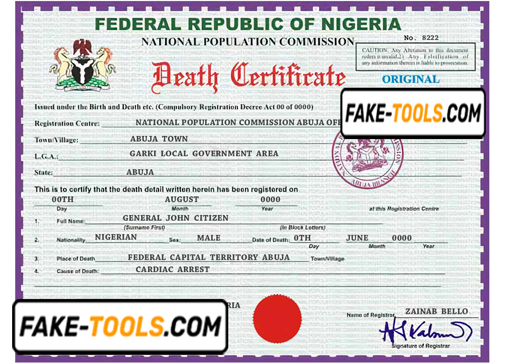Nigeria vital record death certificate PSD template, version 2
