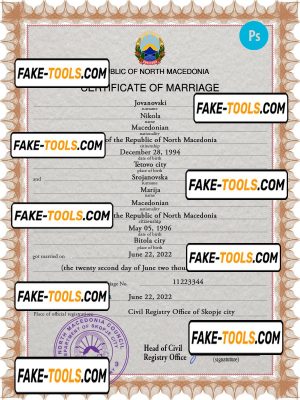 North Macedonia marriage certificate PSD template, fully editable