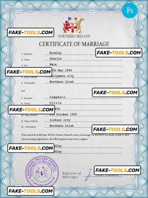 Northern Ireland marriage certificate PSD template, completely editable